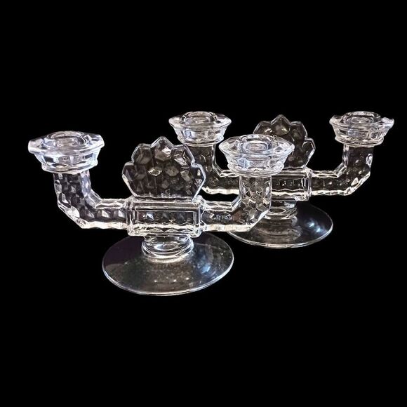 Fostoria American Clear Candlesticks Glass Double Holders Vintage Art Deco Pair. - Picture 6 of 16